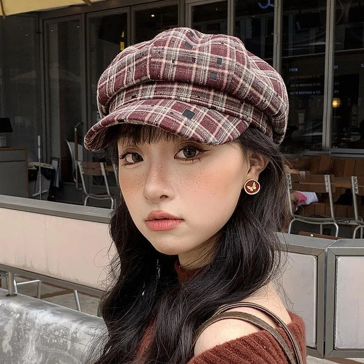 Womens Beret Hat Wool Classic Check Pattern