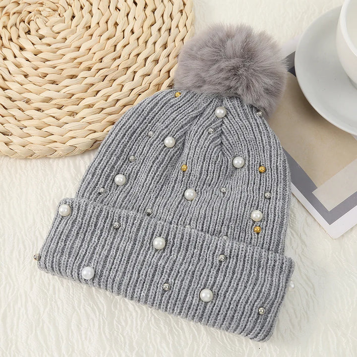 Unisex Winter Knit Hat with Beaded Pom Pom