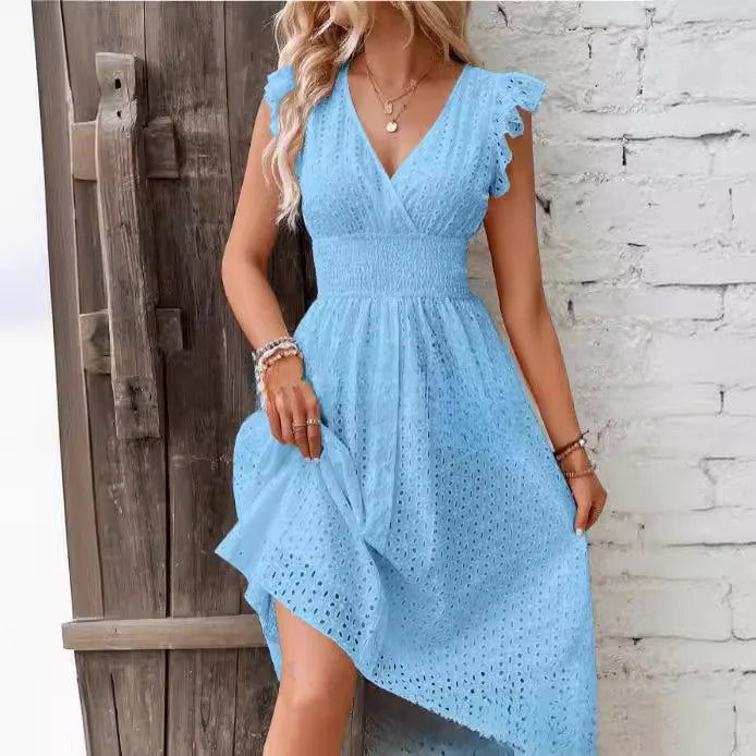 Womens Midi Dress with Lace and V-Neck