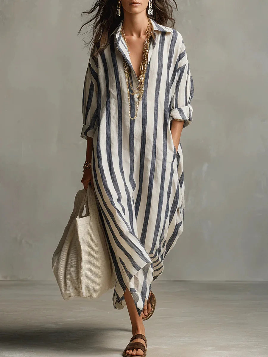 Womens Maxi Shirt Dress with Lapel Collar and Button Placket - BritishMode
