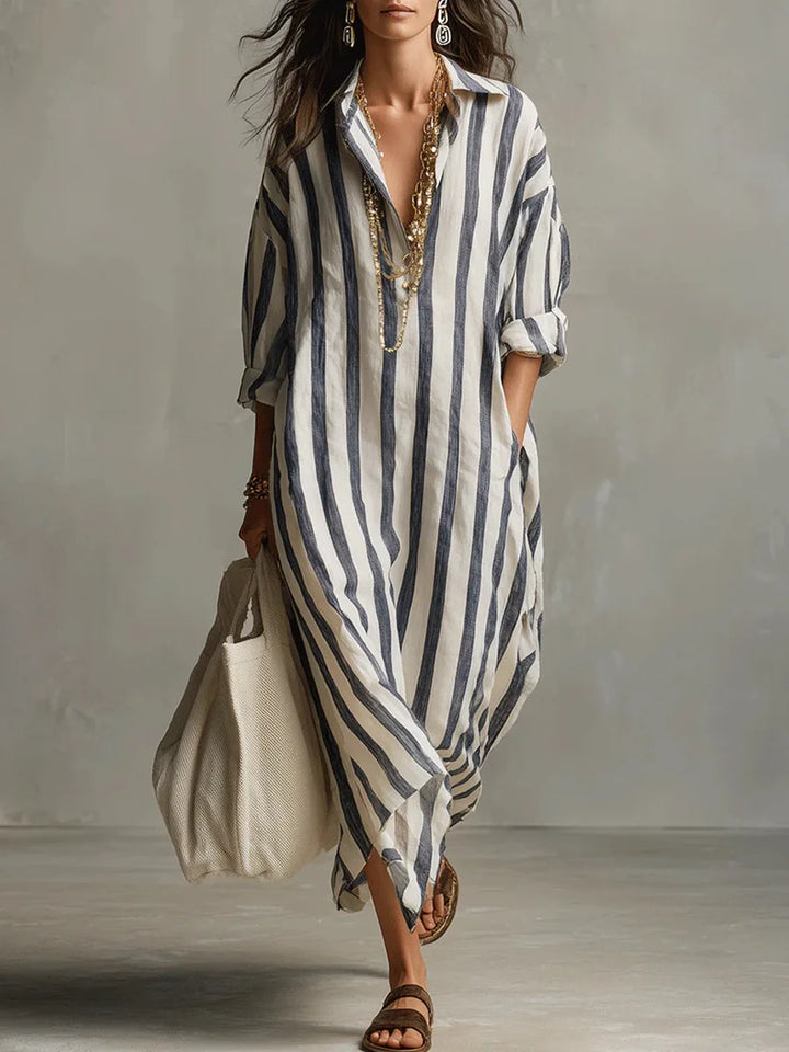 Womens Maxi Shirt Dress with Lapel Collar and Button Placket - BritishMode
