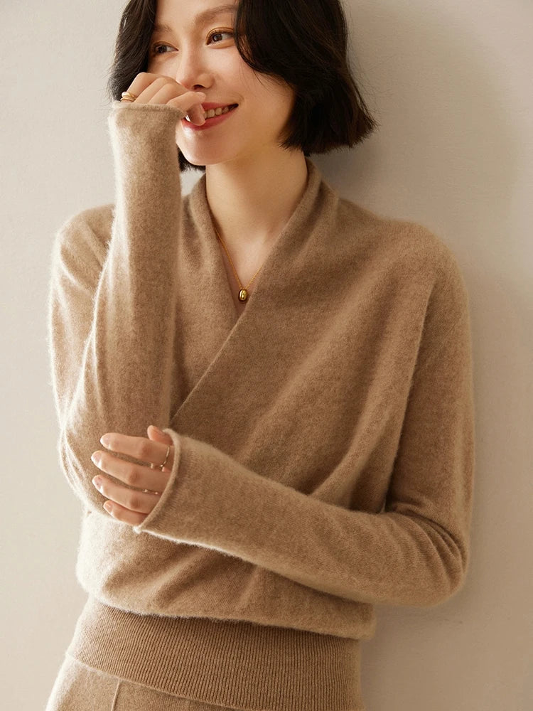 Womens Cashmere Wrap Sweater Soft Knit Crossover Style