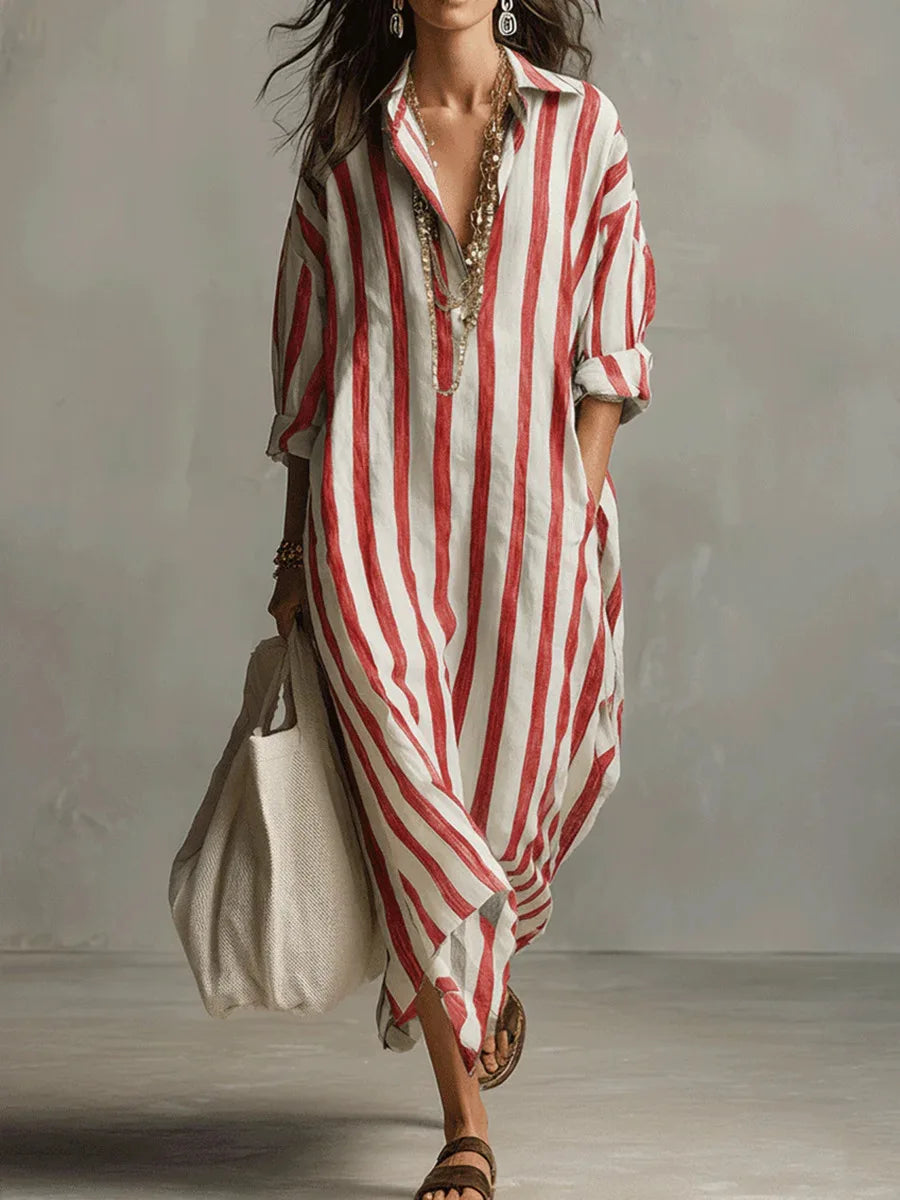 Womens Maxi Shirt Dress with Lapel Collar and Button Placket