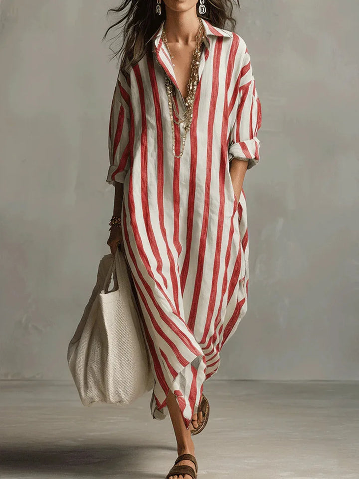 Womens Maxi Shirt Dress with Lapel Collar and Button Placket