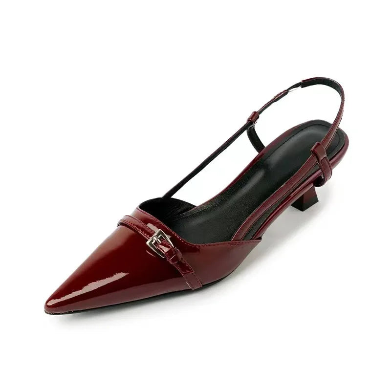 Womens Leather Sandals Pointed Toe Low Heel Elegant