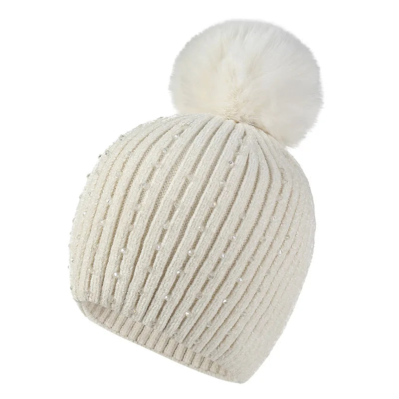 Unisex Winter Knit Hat with Beaded Pom Pom