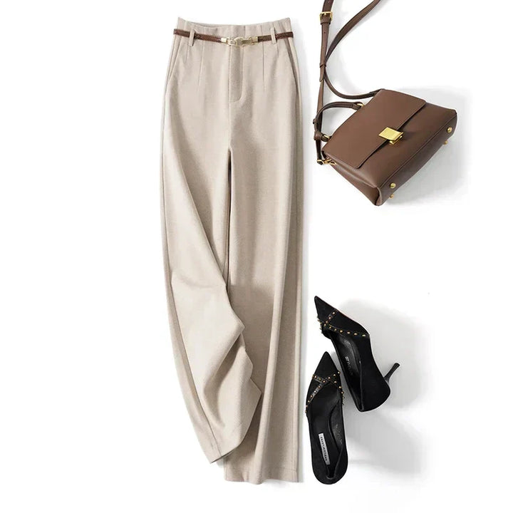 Womens High-Waist Wide-Leg Trousers Polyester Tailored Fit with Belt