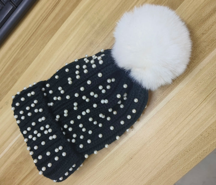 Unisex Winter Knit Hat with Beaded Pom Pom