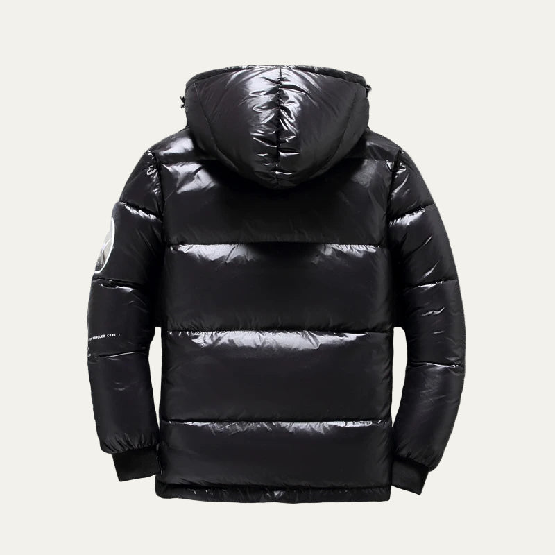Mens Hooded Puffer Jacket Glossy Finish Multi Pockets