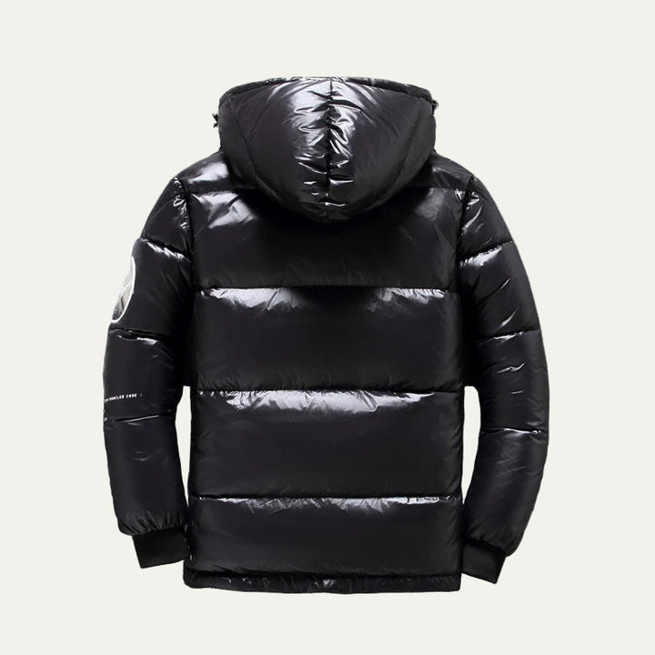Mens Hooded Puffer Jacket Glossy Finish Multi Pockets