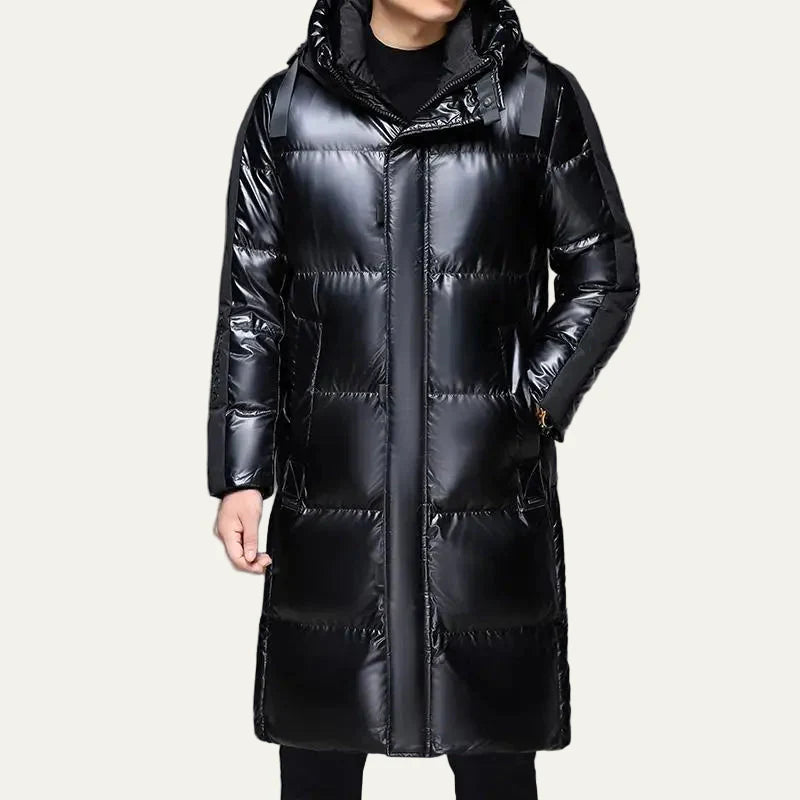 Mens Puffer Coat with Hood Long Glossy Finish