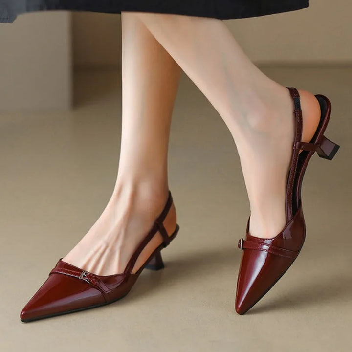 Womens Leather Sandals Pointed Toe Low Heel Elegant - BritishMode