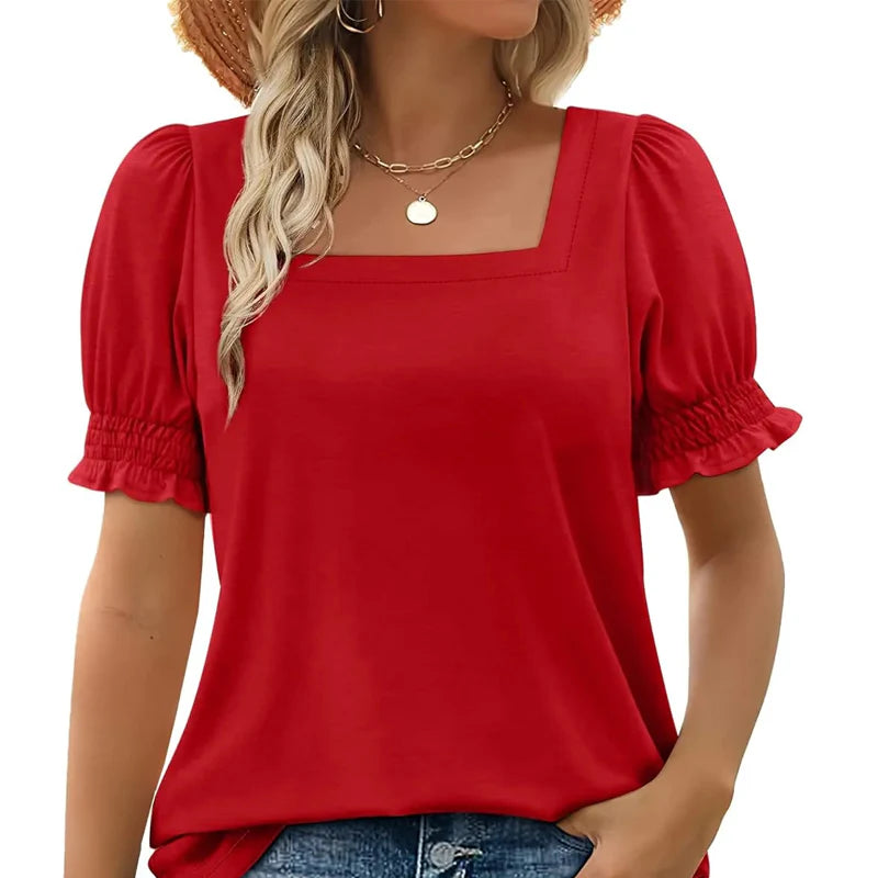 Womens Square Neck T-Shirt Smocked Sleeves Short Sleeve