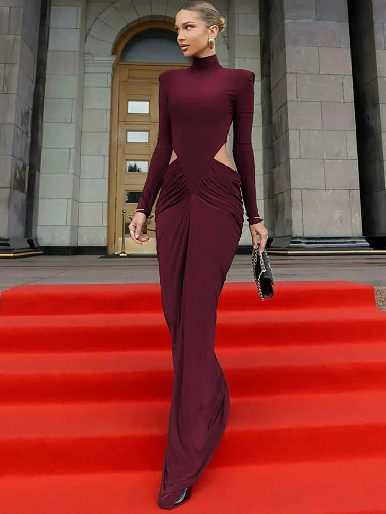 Womens Maxi Evening Dress High Neck Long Sleeve