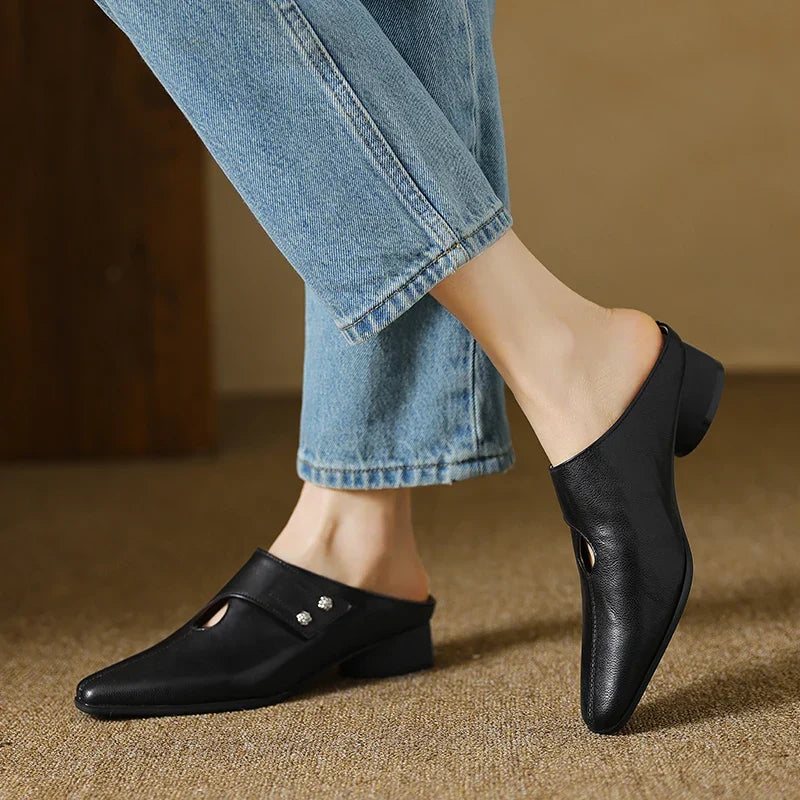 Womens Genuine Leather Mules Slip-On Style