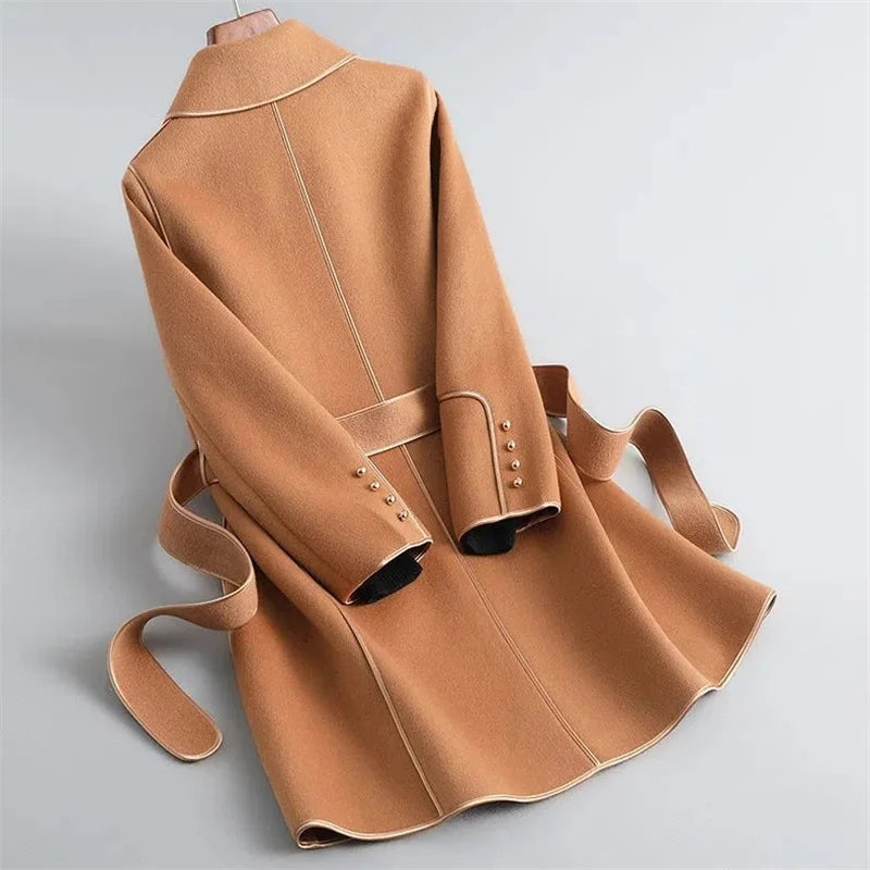 Womens Wool Coat Belted Tailored Wrap Overcoat