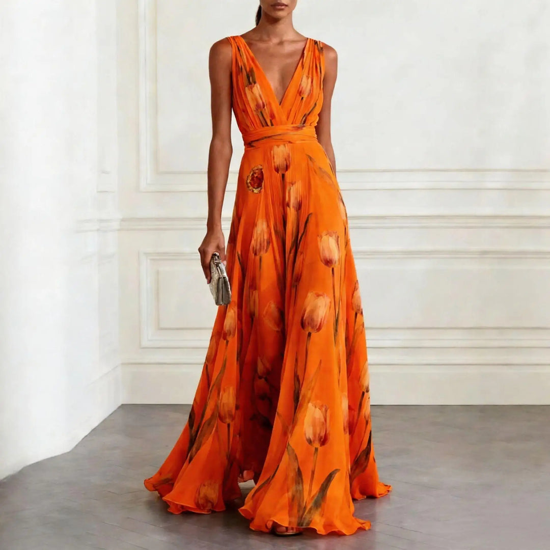 Womens Maxi Dress V-Neck Tulip Print Brooch Detail