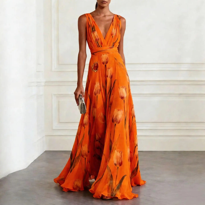 Womens Maxi Dress V-Neck Tulip Print Brooch Detail