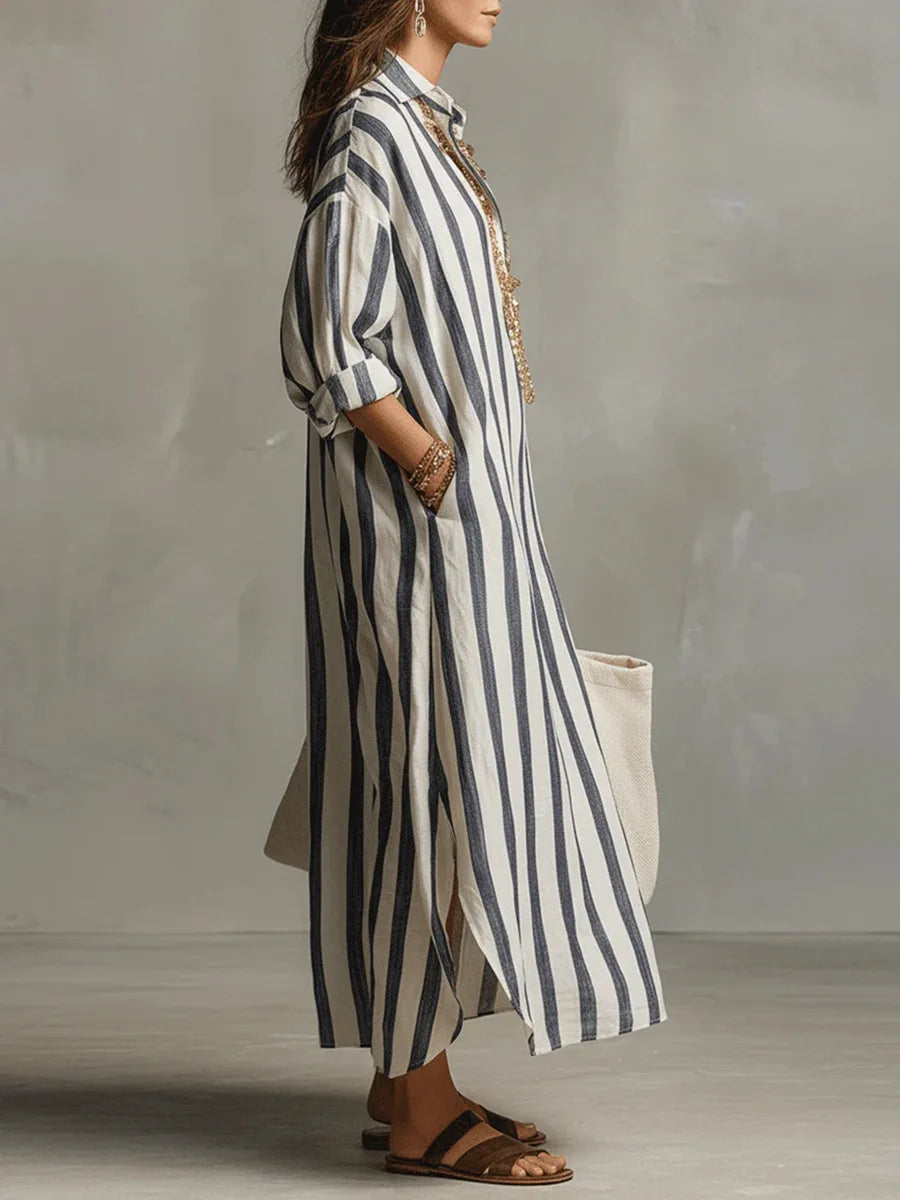 Womens Maxi Shirt Dress with Lapel Collar and Button Placket