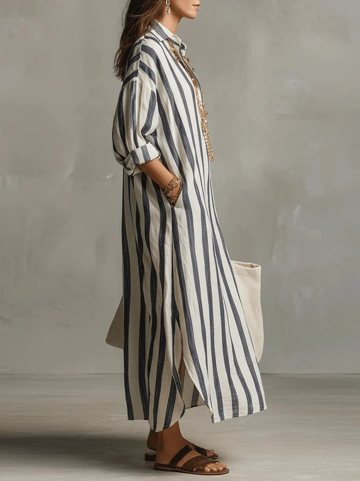Womens Maxi Shirt Dress with Lapel Collar and Button Placket