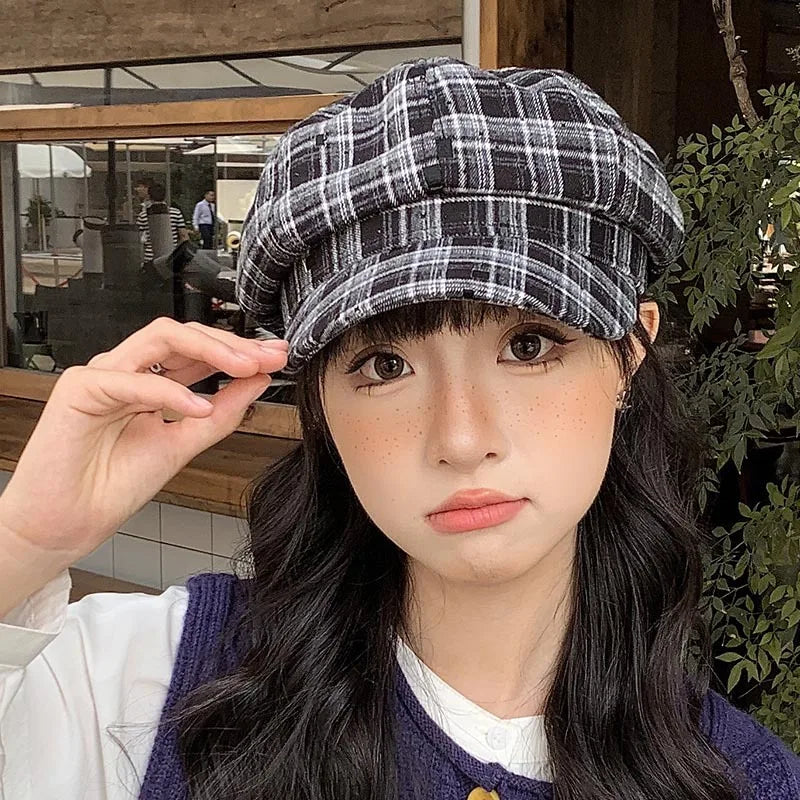 Womens Beret Hat Wool Classic Check Pattern