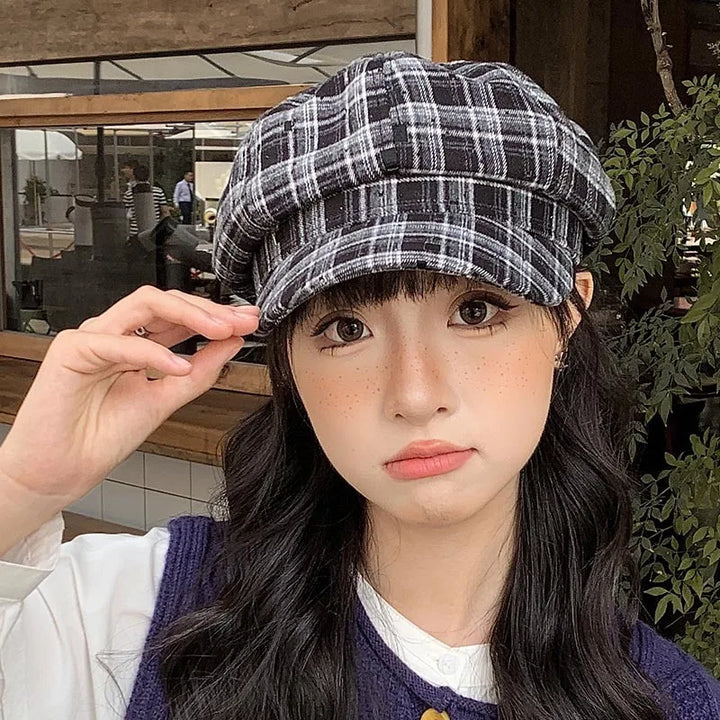 Womens Beret Hat Wool Classic Check Pattern
