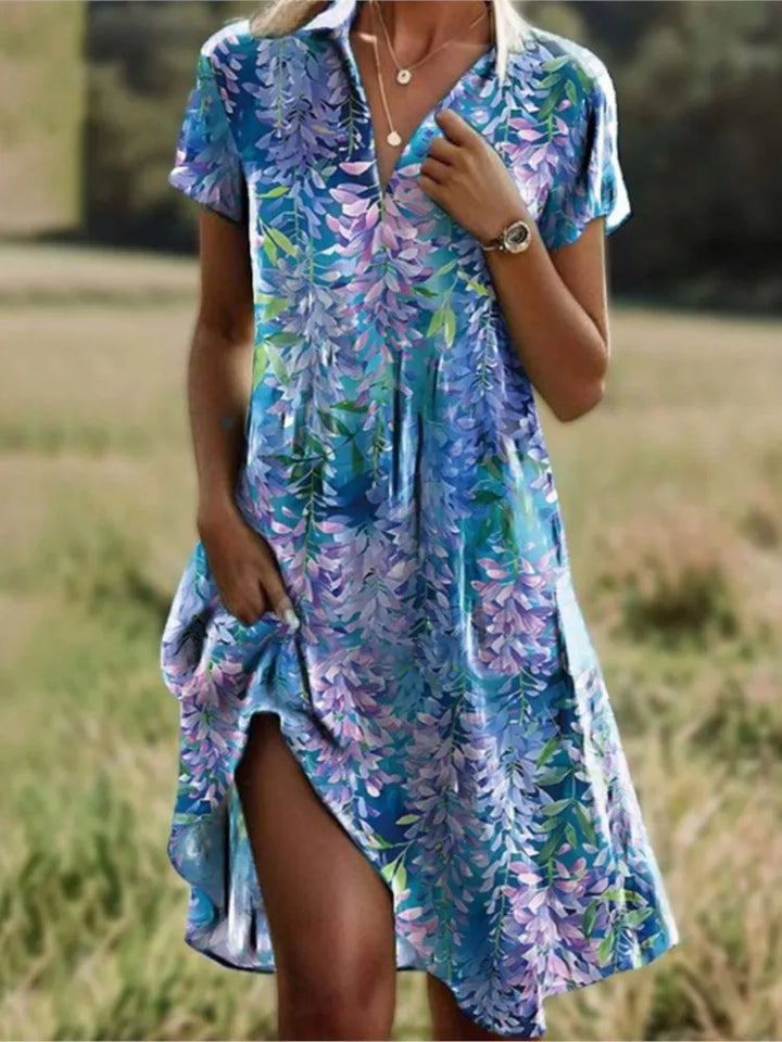 Womens Floral Dress with V-Neck and Button Front