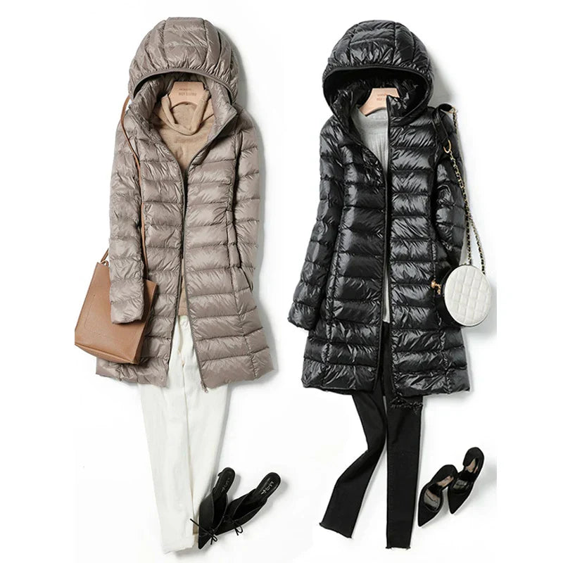 Womens Long Puffer Coat with Detachable Hood Winter - BritishMode