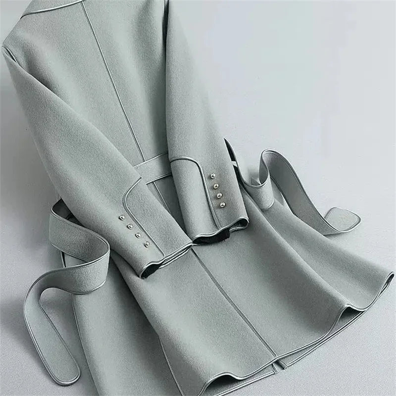 Womens Wool Coat Belted Tailored Wrap Overcoat