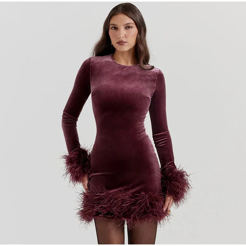 Womens Sheath Dress Feather-Trimmed Sleeves Elegant Fit