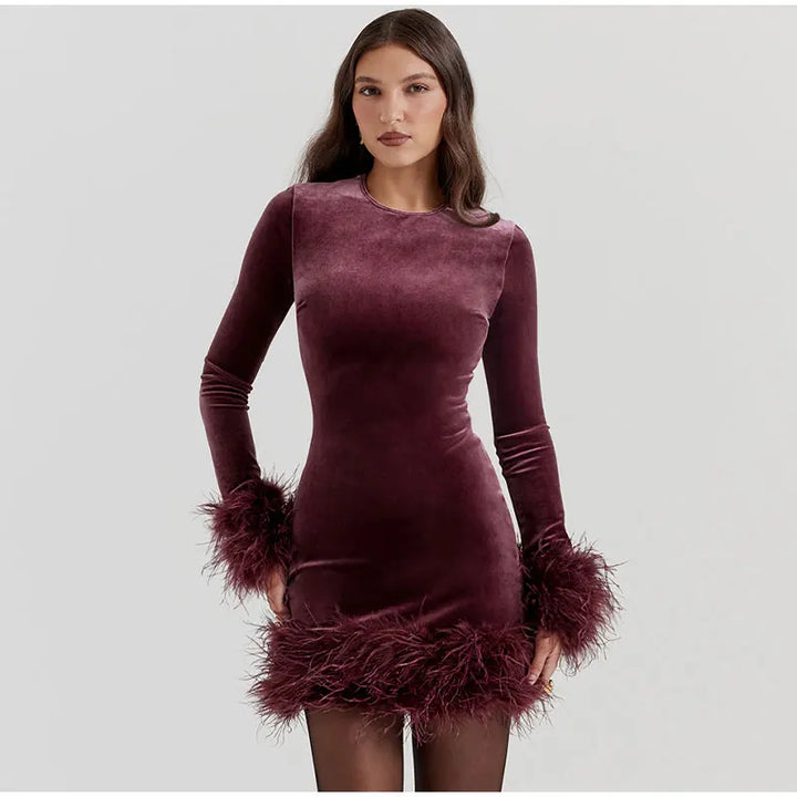 Womens Sheath Dress Feather-Trimmed Sleeves Elegant Fit