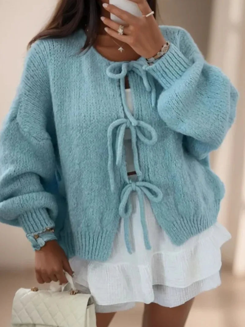 Womens Knit Cardigan with Tie-Front V-Neck Batwing Sleeve