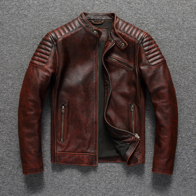 Mens Leather Biker Jacket Classic Moto Style