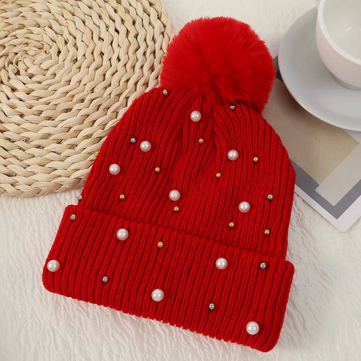 Unisex Winter Knit Hat with Beaded Pom Pom