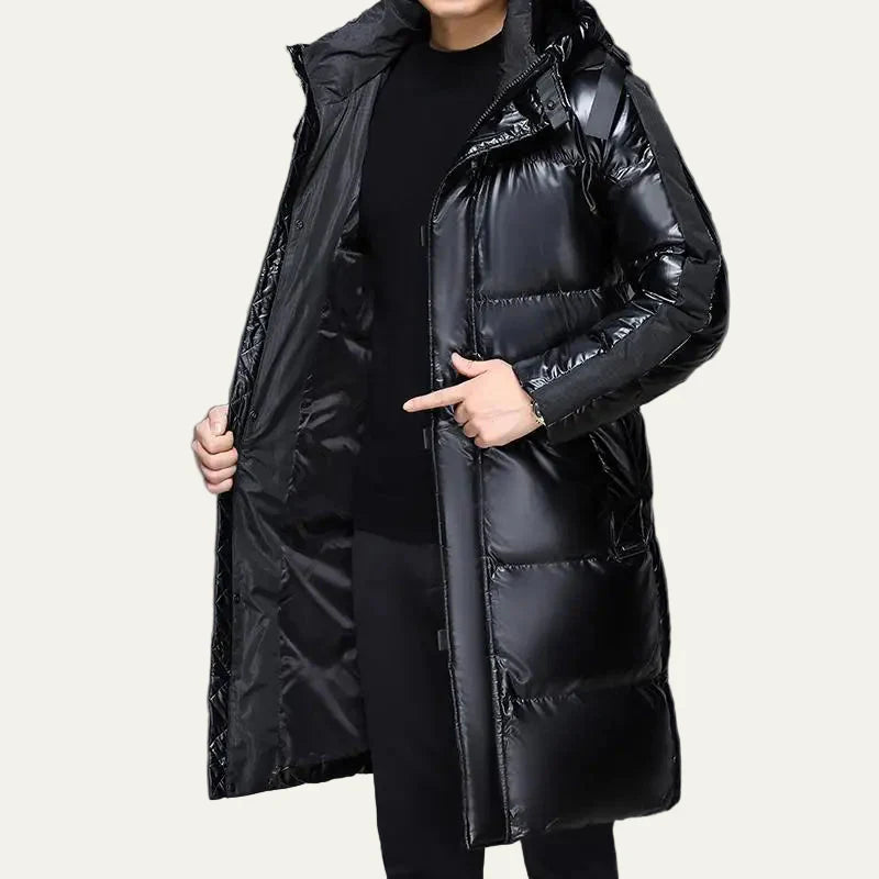 Mens Puffer Coat with Hood Long Glossy Finish