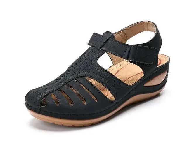 Womens Wedge Sandals with Closed Toe Cutout and Velcro Strap - BritishMode