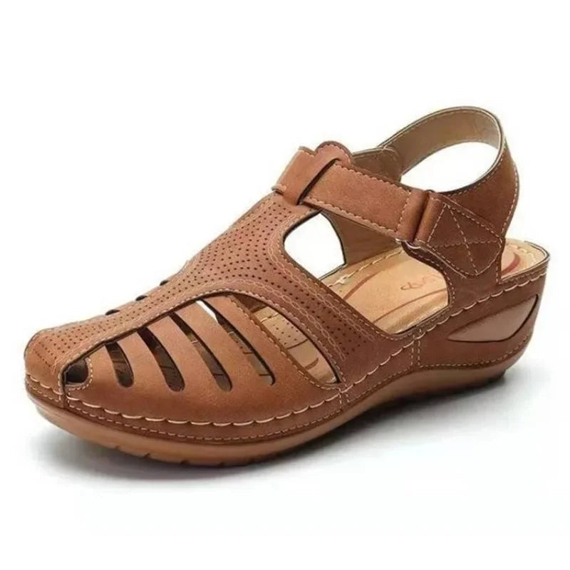 Womens Wedge Sandals with Closed Toe Cutout and Velcro Strap