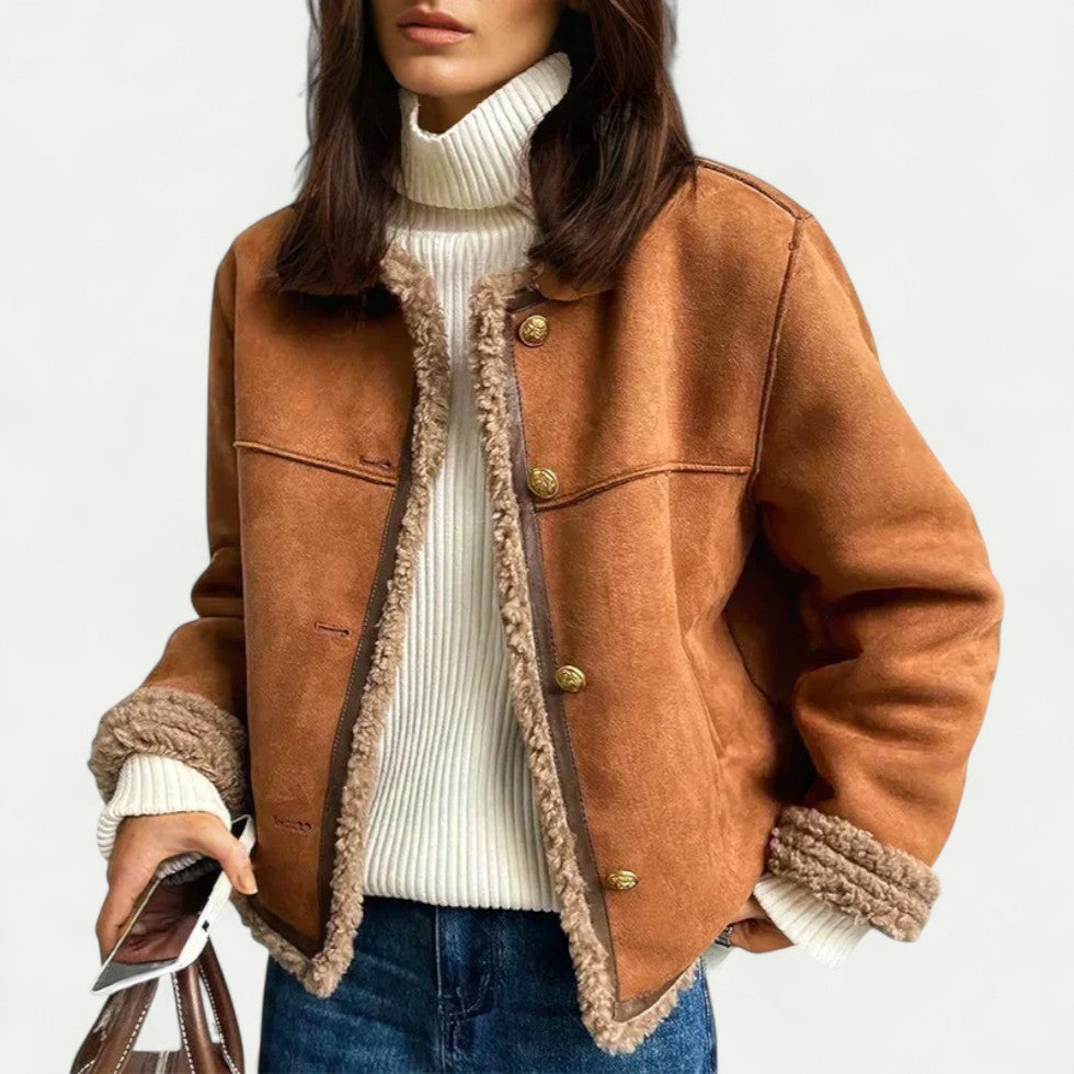 Womens Cropped Shearling Jacket with Faux Fur Trim - BritishMode