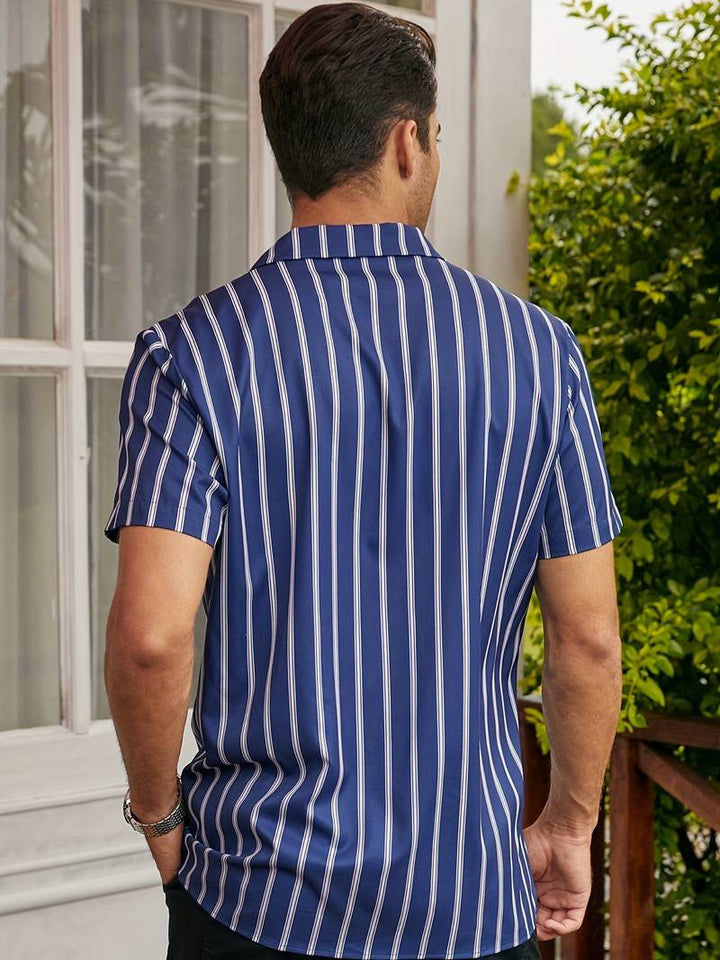 Mens Shirt Breathable Blend Vertical Stripe Regular Fit