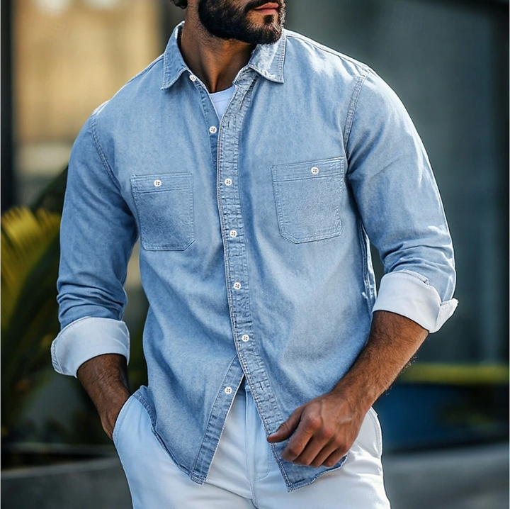 Mens Denim Blend Shirt Classic Collar Breathable Fit