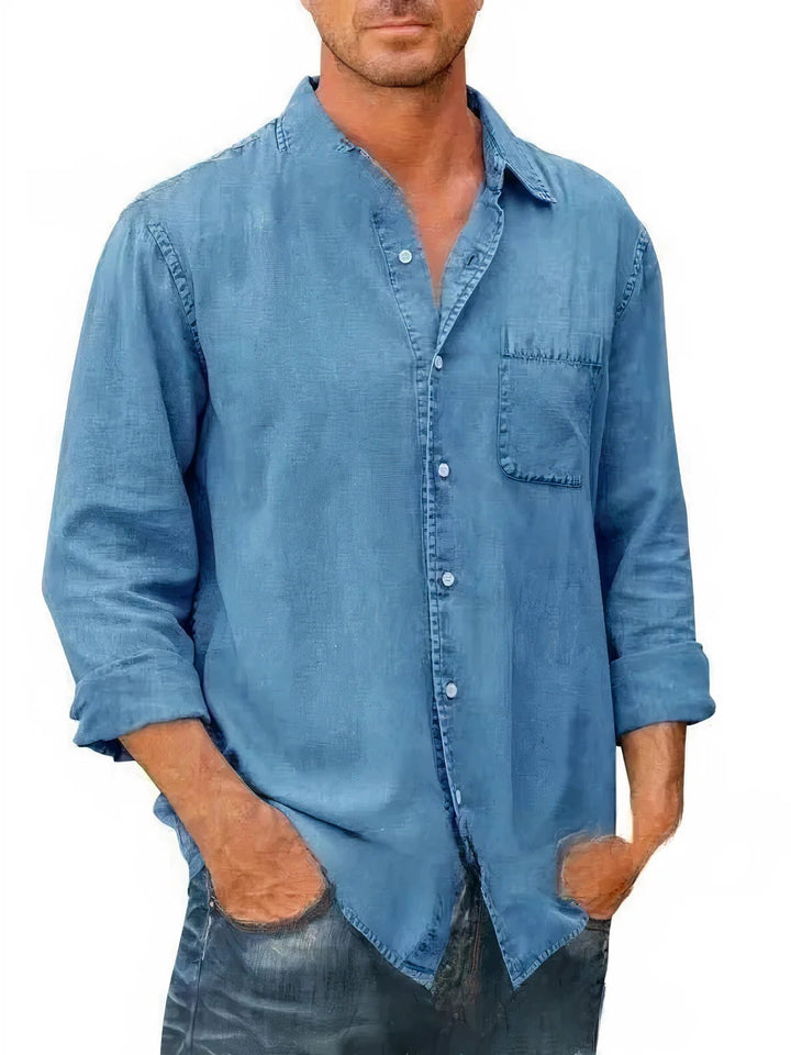 Mens Denim Blend Shirt Long Fit Button Front