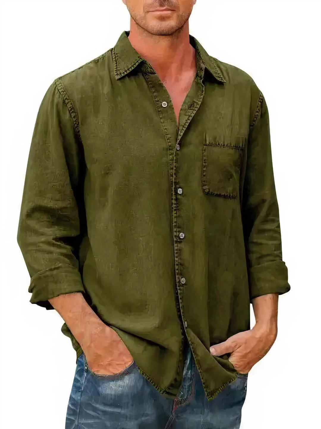 Mens Denim Blend Shirt Long Fit Button Front