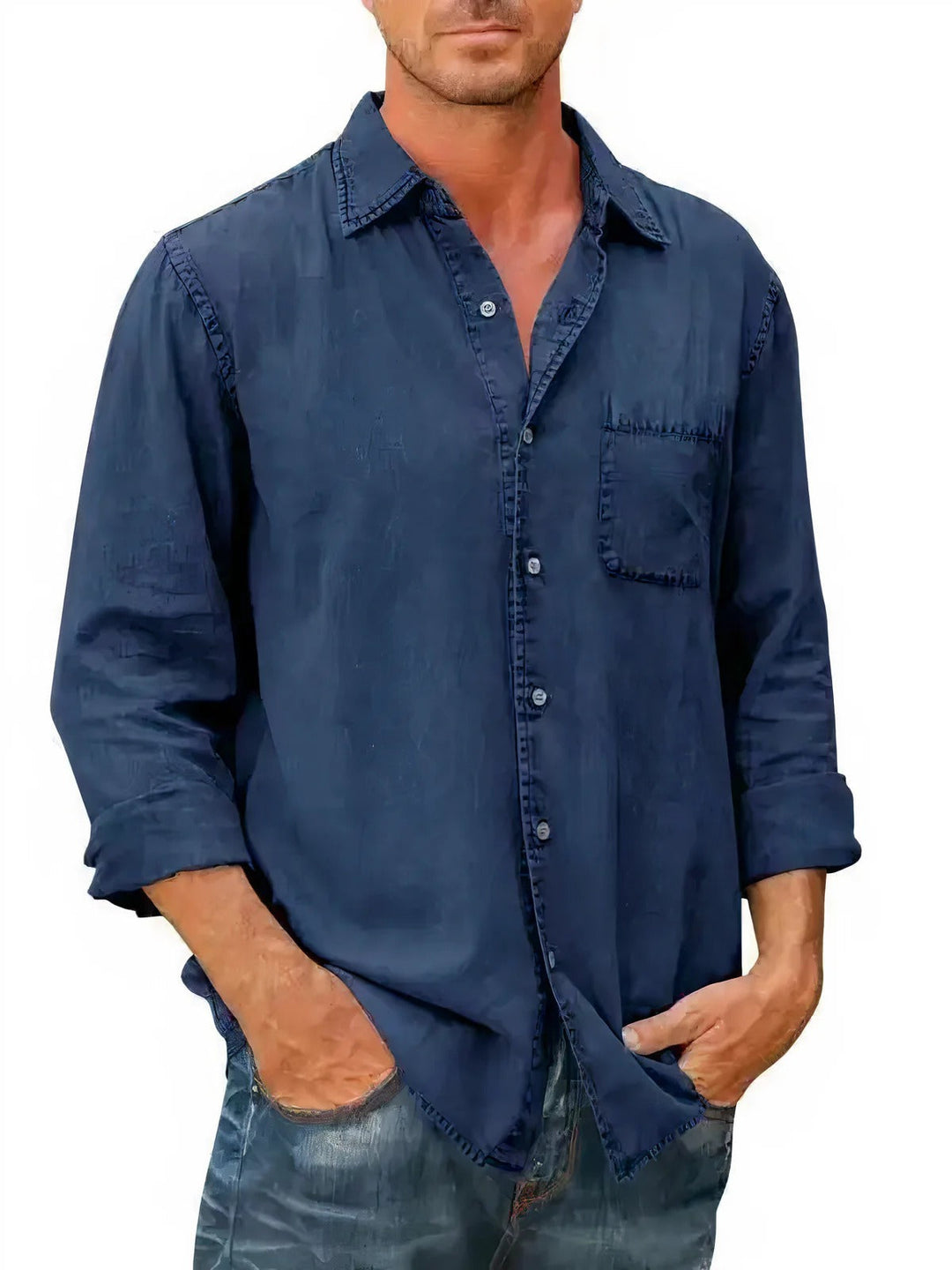 Mens Denim Blend Shirt Long Fit Button Front
