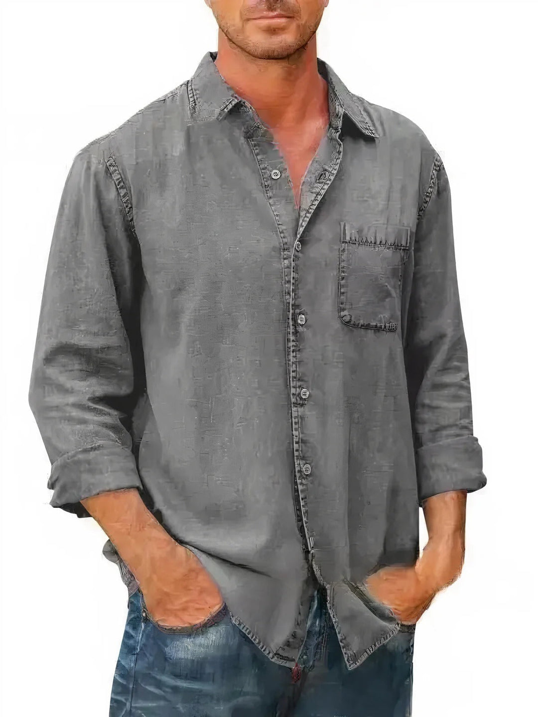 Mens Denim Blend Shirt Long Fit Button Front