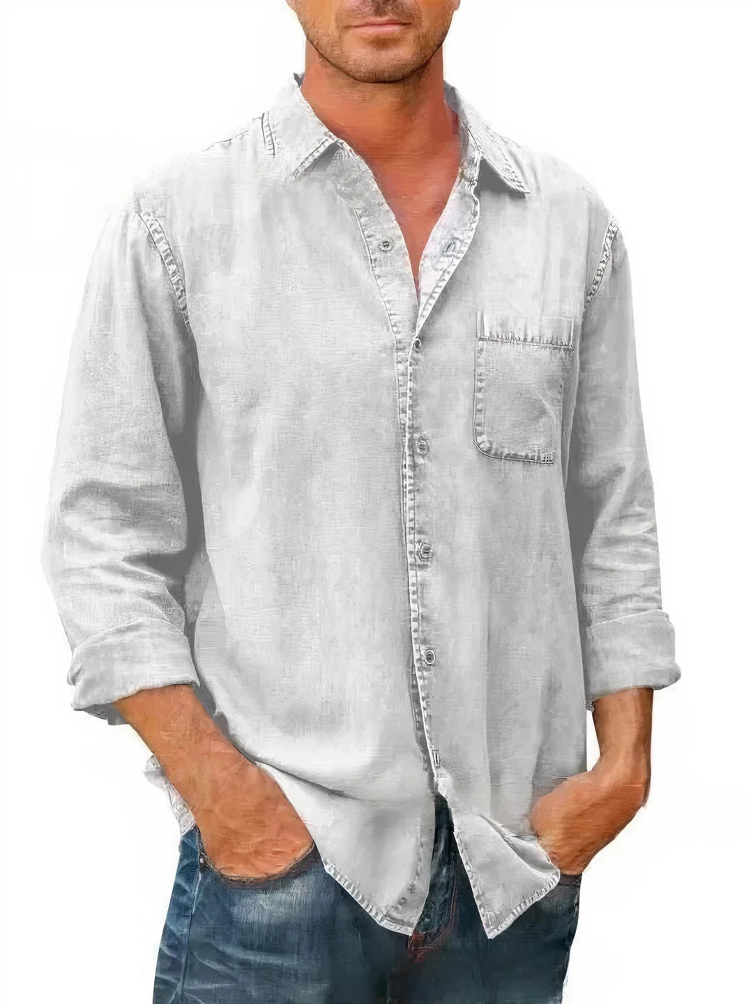 Mens Denim Blend Shirt Long Fit Button Front - BritishMode