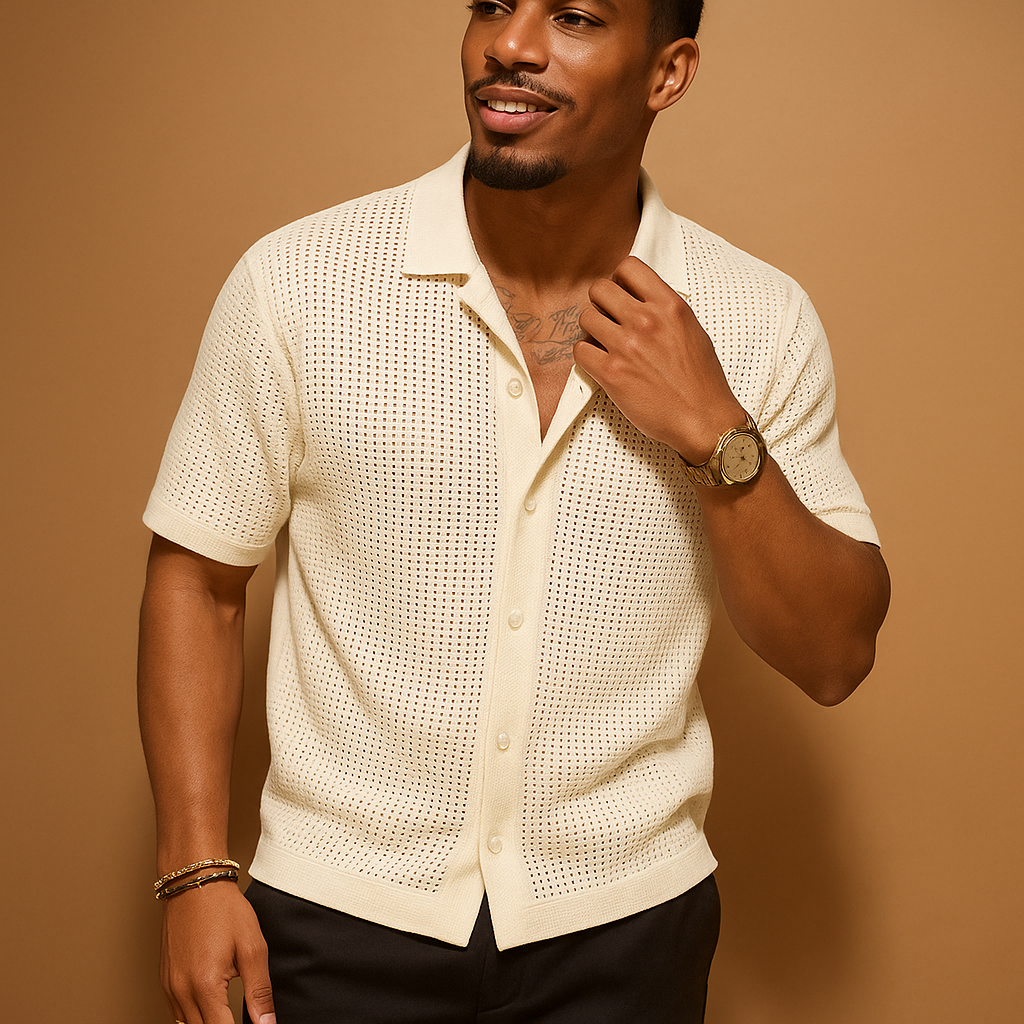 Mens Knitted Blend Shirt with Short Sleeves and Flexible Fit