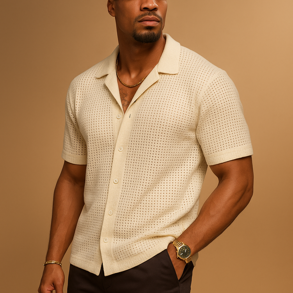 Mens Knitted Blend Shirt with Short Sleeves and Flexible Fit - BritishMode