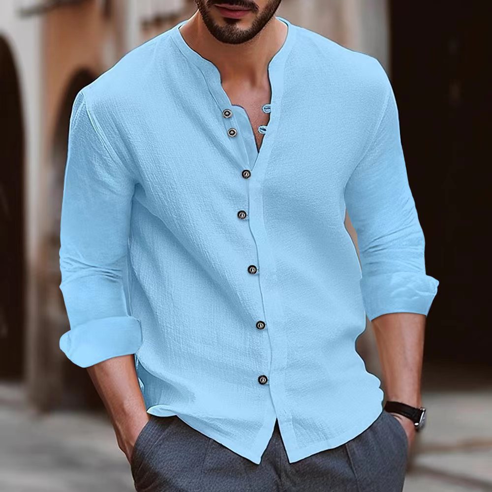 Mens Shirt Mandarin Collar Adjustable Cuffs Slim Fit
