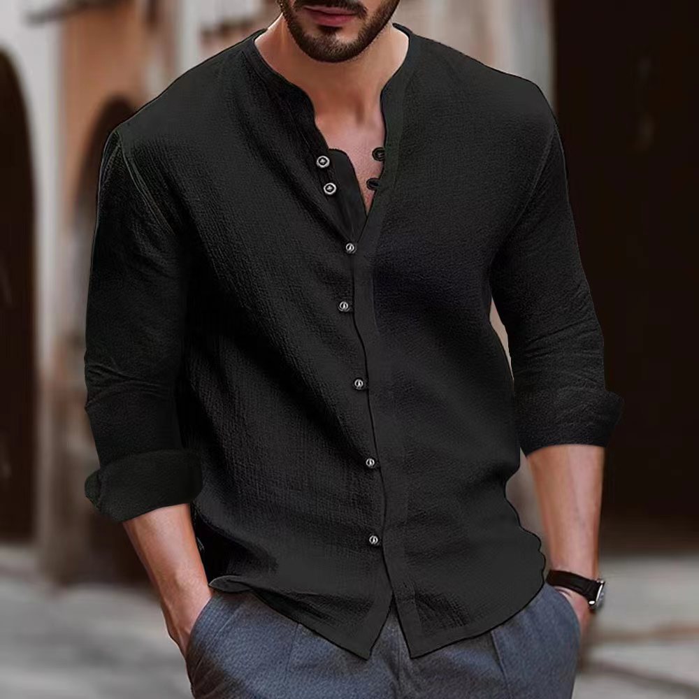 Mens Shirt Mandarin Collar Adjustable Cuffs Slim Fit