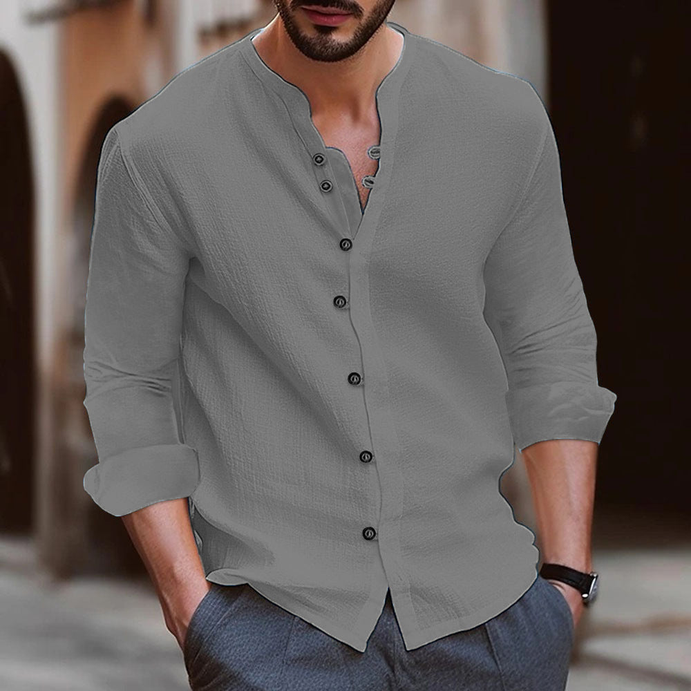 Mens Shirt Mandarin Collar Adjustable Cuffs Slim Fit